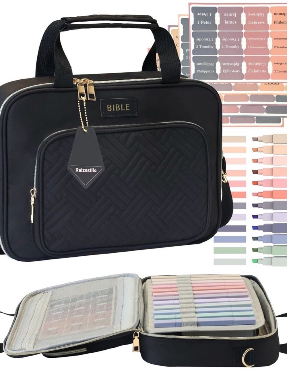 Black Quilted Bible Carry Bag with Gold Accents